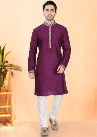 Purple Art Silk Men Kurta With Pajama