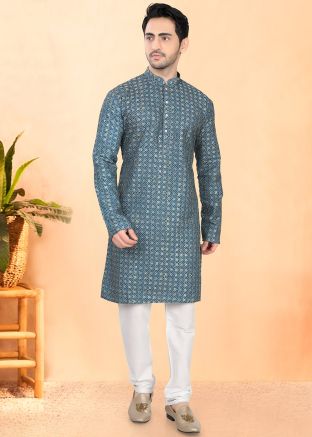 Blue Cotton Embroidered Men Kurta Pajama
