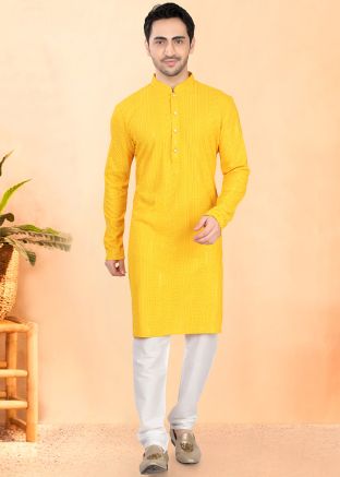 Yellow Embroidered Men Kurta With Pajama
