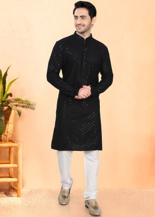 Black Embroidered Kurta Pajama Set In Rayon