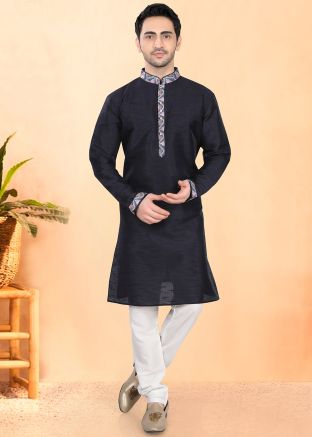 Blue Art Silk Men Kurta With Pajama