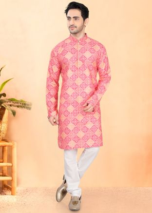 Pink Bandhej Print Men Kurta Pajama Set