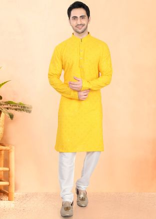 Readymade Yellow Embroidered Kurta Pajama Set