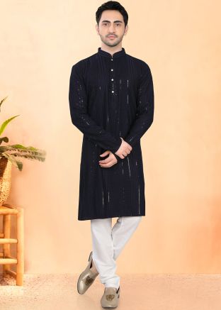 Dark Blue Embroidered Kurta With Pajama