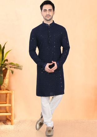 Dark Blue Embroidered Kurta Pajama Set