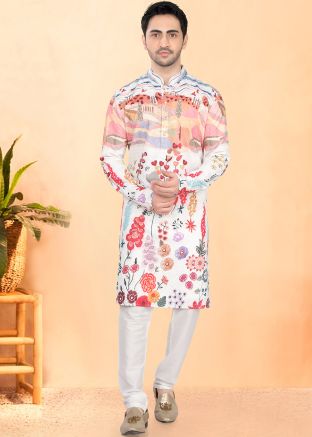 White Printed Men Kurta Pajama Set