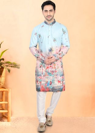 Blue Printed Men Kurta Pajama In Cotton