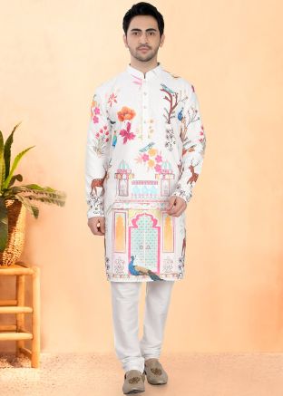 White Printed Men Kurta Pajama Set