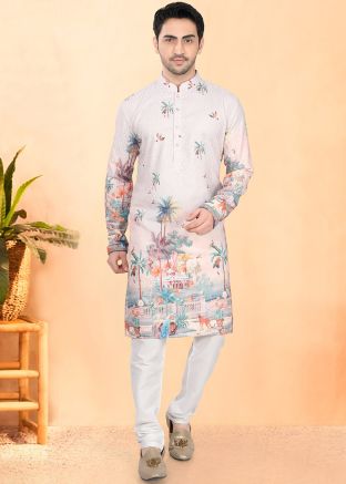 Light Pink Printed Men Kurta Pajama