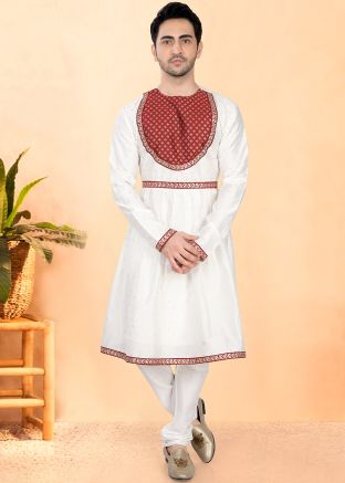 Cream Woven Peshwai Kurta With Pajama