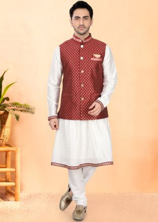 Cream Men Kurta Pajama With Nehru Jacket