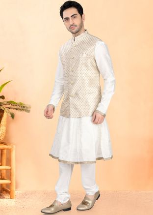 Cream Men Kurta Pajama With Nehru Jacket