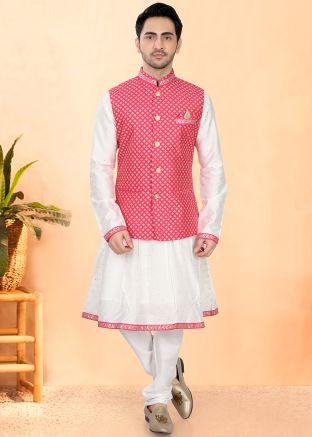Cream Woven Peshwai Kurta Pajama With Nehru Jacket