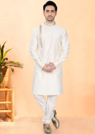 White Woven Men Kurta With Pajama Set
