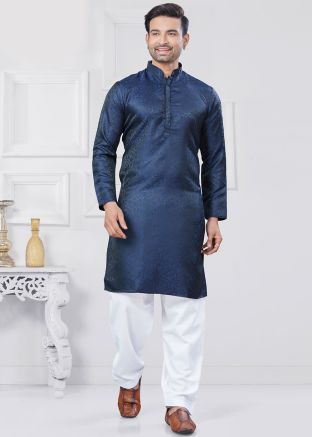 Blue Men Kurta Pajama In Woven Work