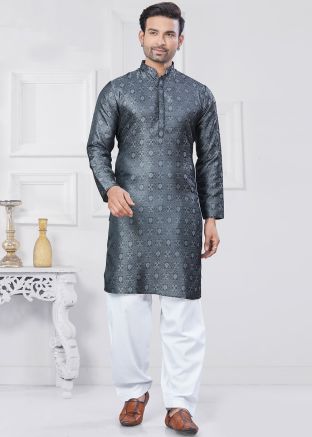 Grey Woven Kurta Pajama In Jacquard