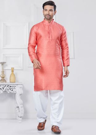 Peach Woven Men Kurta Pajama