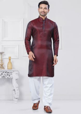 Maroon Woven Men Kurta Pajama In Jacquard