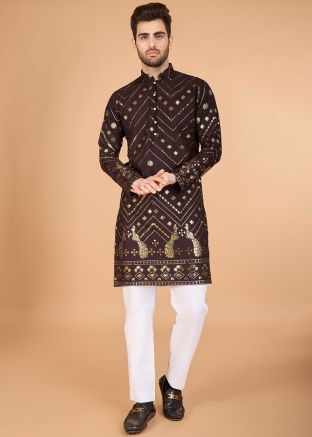 Brown Embroidered Men Viscose Kurta 