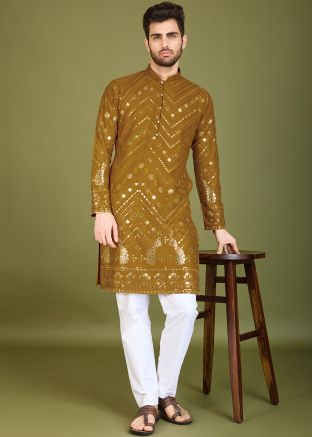 Mustard Yellow Men Embroidered Kurta