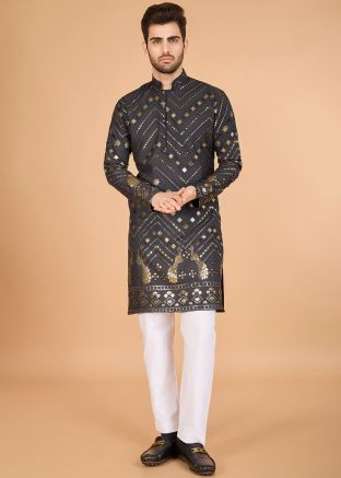 Black Embroidered Men Kurta