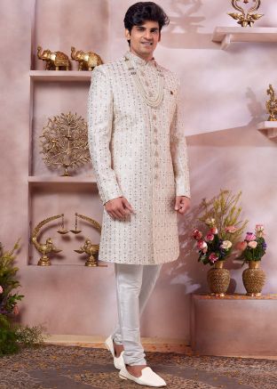 Cream Readymade Embellished Sherwani For Men