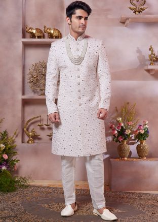 Cream Embroidered Sherwani Set In Art Silk
