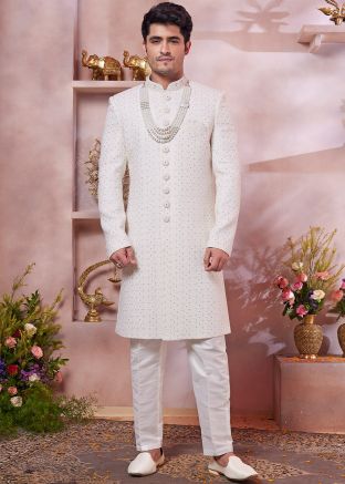 Cream Embroidered Art Silk Sherwani Set