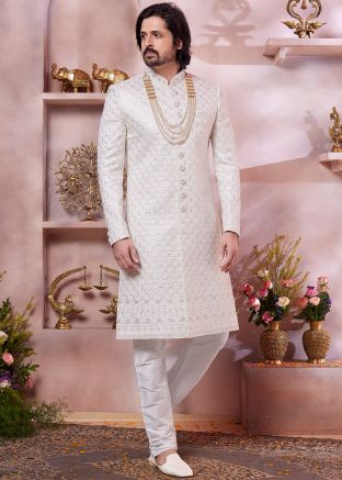 Cream Embellished Sherwani Set In Art Silk