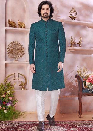 Teal Green EmbroideredA Art Silk Sherwani Set