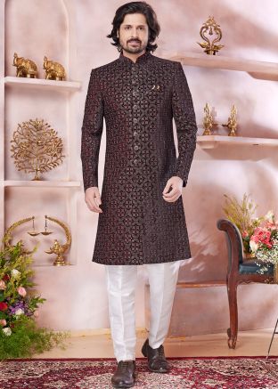 Maroon Embroidered Velvet Sherwani Set