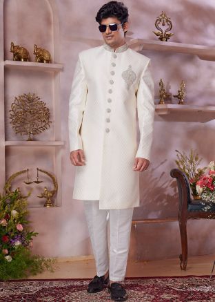 Cream Woven Men Indo Western Sherwani Set