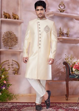 Golden Woven Banarasi Silk Sherwani Set For Men