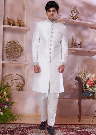 Off White Woven Sherwani Set For Men