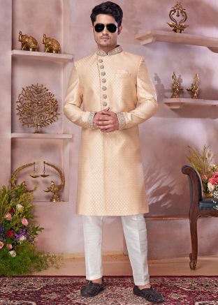 Readymade Golden Woven Silk Sherwani Set