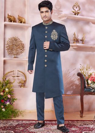 Readymade Blue Plain Men Sherwani Set
