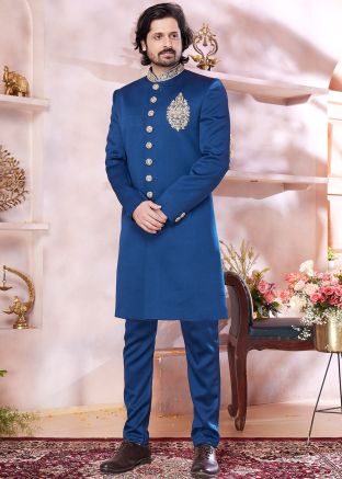 Readymade Blue Men Sherwani Set In Art Silk
