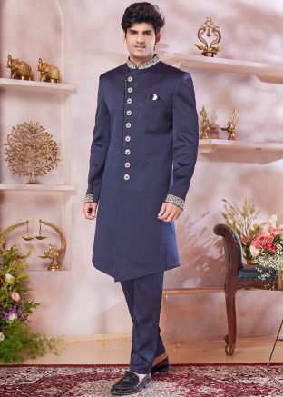 Readymade Dark Blue Art Silk Sherwani Set