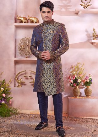 Blue Zari Woven Men Sherwani Set In Banarasi Silk