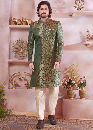 Readymade Green Zari Woven Sherwani Set