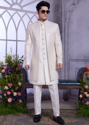 Cream Embroidered Men Indo Western Sherwani