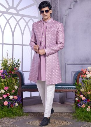 Mauve Purple Embroidered Men Indo Western Sherwani