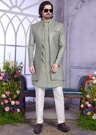 Green Embroidered Jacket Style Indo Western Sherwani