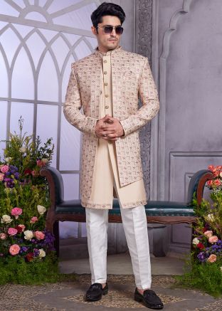 Beige Embroidered Jacket Style Indo Western Sherwani