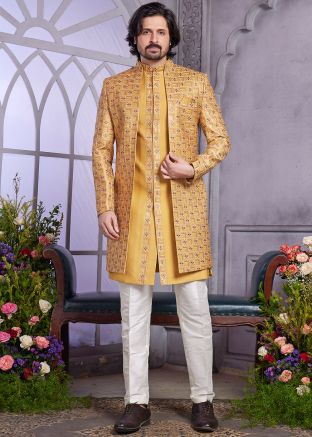 Mustard Yellow Jacket Style Indo Western Sherwani