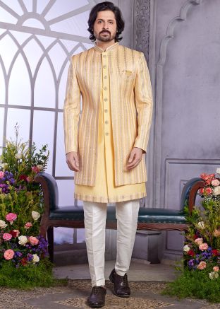 Yellow Jacket Style Embroidered Indo Western Sherwani