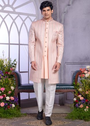 Peach Jacket Style Embellished Indo Western Sherwani