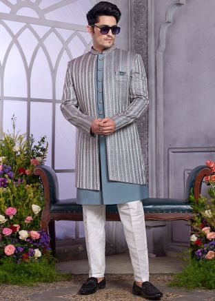 Grey Jacket Style Indo Western Sherwani Set