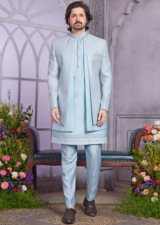 Readymade Blue Embellished Indo Western Sherwani Set