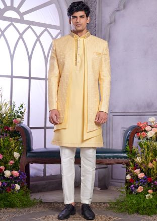 Yellow Kurta Pajama With Embroidered Long Jacket
